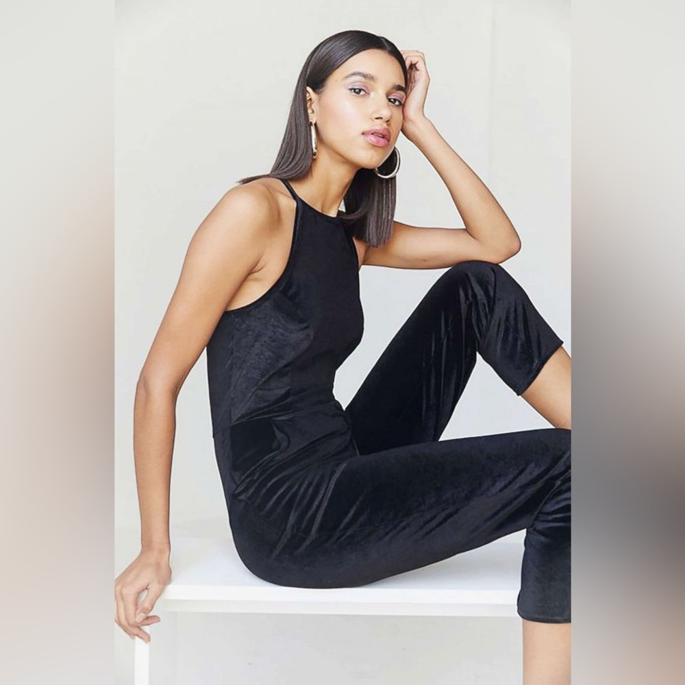 Urban Outfitters Naomi Black Velvet Halter Open Back Jumpsuit